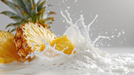 splash of milk with fresh pineapple against a white background, Ai Generated.