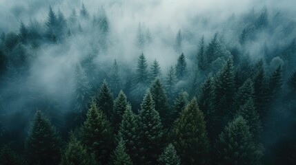Aerial perspective captures fog shrouding dark pine forest trees, an ethereal landscape, Ai...