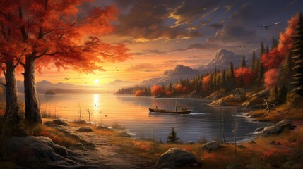 Autumn sunset view bathes the scene in warm light, nature's farewell embrace, Ai Generated - obrazy, fototapety, plakaty