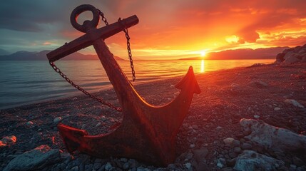 At sunset, an anchor rests on the sandy beach, a symbol of maritime tranquility, Ai Generated