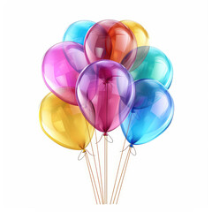 Detailed illustration of a bunch of glossy shiny colorful helium balloons on string isolated on a white background, Ai Generated