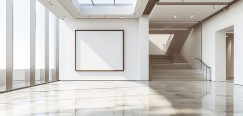A spacious, modern art gallery with a single empty frame.