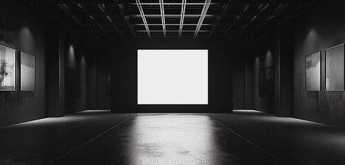 A stark, modern art gallery with one central empty frame, dramatically illuminated by a single...