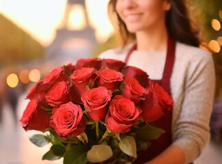 Florist with red roses bouquet on the street at Paris. On the background, Eiffel Tower blurred. City of love. Valentine Day Celebration.