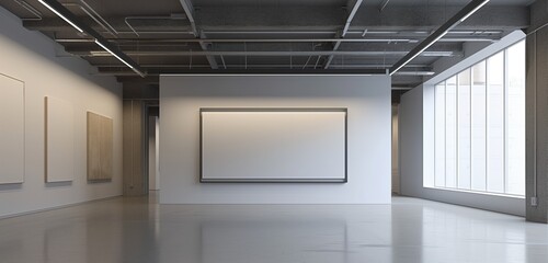 An avant-garde art gallery with an empty frame suspended from the ceiling, against a backdrop of pure, minimalist design.