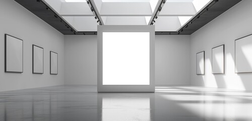 An avant-garde art gallery with an empty frame, highlighted by a solitary, intense spotlight, creating a dramatic interplay of light and shadow in the minimalist space.