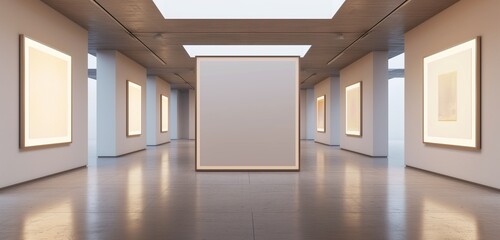 An elegant art gallery with minimalist decor, featuring an empty frame against a backdrop of muted walls.