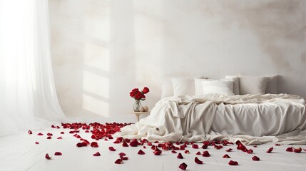 Red rose petals on the bedroom floor.