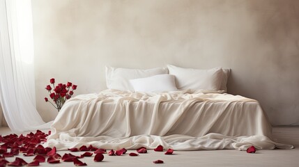 A spacious bright bedroom decorated with a large number of rose petals.