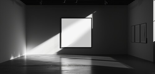 An elegant, modern art gallery with a single empty frame under a focused beam of light from a...