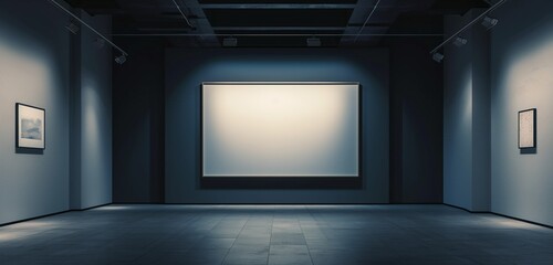 An ultra-modern art gallery, featuring a minimalist design with one large, empty frame. A single spotlight highlights the frame against the stark, empty walls.
