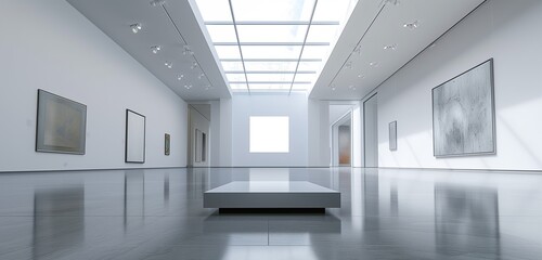 An ultra-modern art gallery with a high, open ceiling, displaying a single, central empty frame.