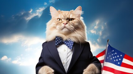 Cat wearing suit bow tie with american flag on sky blue background. 4th of July USA Independence Day. presentation. advertisement. invite invitation. copy text space.