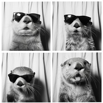 black and white photobooth film photo strip of a funny happy sea otter wearing sunglasses, otter has different excited expressions.