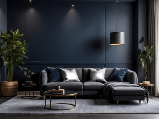 A living room or business lounge designed in deep, dark colours featuring a combination of navy blue and grey design. The empty wall serves as a mockup, allowing for a painted background design.