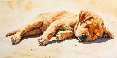 painting of a puppy sleeping on the ground, generative AI