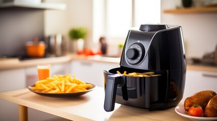 Fototapeta na wymiar Modern electric french fries machine with french fries on the table in the kitchen