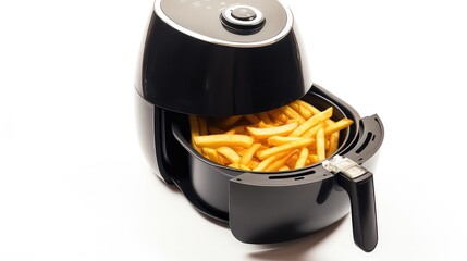 French fries in a modern electric toaster isolated on a white background