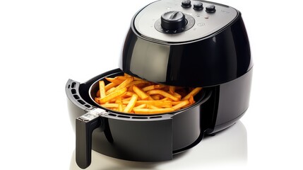 French fries in a modern toaster isolated on a white background.