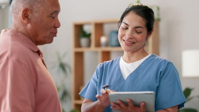 Nurse, tablet and senior man in home for healthcare, help or support in consultation. Tech, happy caregiver or patient in conversation in house for rehabilitation, medical care or test results on app