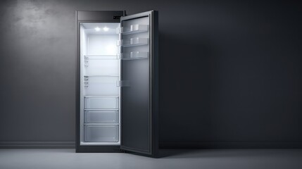 Open black refrigerator with shelves in empty room. Mock up,