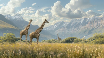 giraffes in the savannah with mountain background