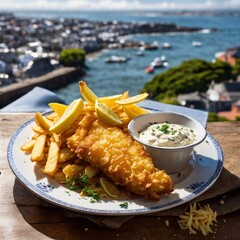 Fish and Chips with Seaside Scenery View Background. Generative AI. AI.	