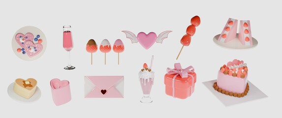illustration of a set of valentine decorations, dessert, 3D - obrazy, fototapety, plakaty