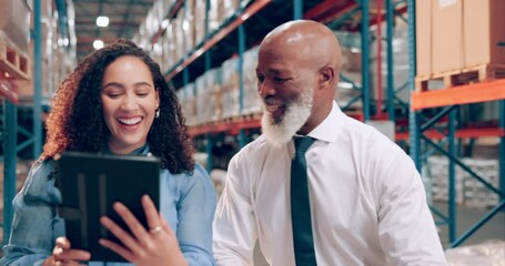 Team, engineer and high five in warehouse with tablet for success, shipping or smile. Celebration, mature black man and factory supervisor with achievement, winning or cheers for inventory management - Powered by Adobe
