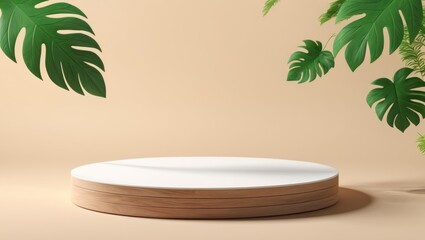 3d podium with green leaf shadow, ideal for natural beauty product displays.