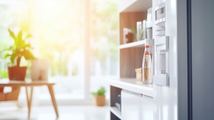 Closeup of a shelf with a bottle of water in a modern kitchen
