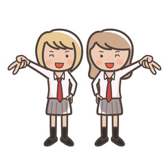 笑顔でギャルピースをするかわいい女子高生2人のイラスト