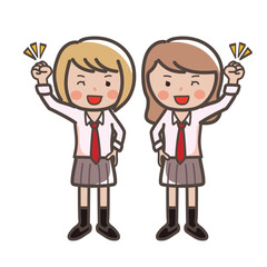 笑顔でガッツポーズをするかわいい仲良し女子高生2人のイラスト