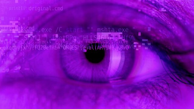 eye with computer error code overlayed in changing colours