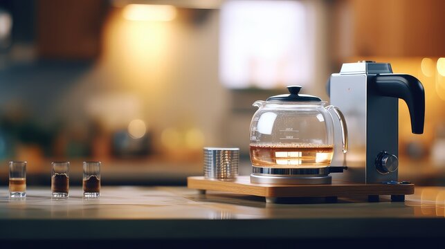 Coffee maker and teapot on bar counter. 3d rendering