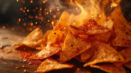 Foto auf Acrylglas Scharfe Chili-pfeffer Crispy tortilla chips smothered in a bubbling blend of hot pepper jack cheese chunks of fiery red peppers and a generous dusting of chili powder creating a blaze of flavor