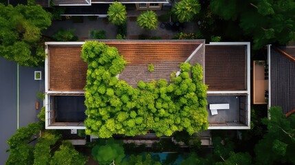 Top view of a house surrounded by green trees. 3d rendering