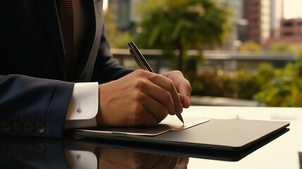 Naklejka premium close up of businessman's hand writing on tablet with digital pen, digital business management concept, digital business, technology use in business, business analysis, tech innovation, internet