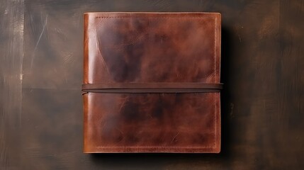 Vintage leather book on wooden background. Top view with copy space
