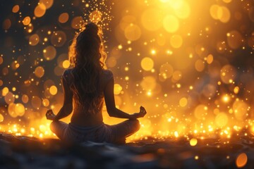 woman meditating in the lotus position, in the style of ethereal light effects