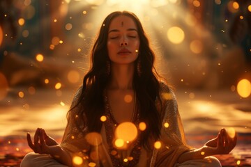 woman meditating in the lotus position, in the style of ethereal light effects