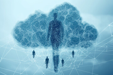 Icon illustrating humanoid figures emerging from cloud. generative AI
