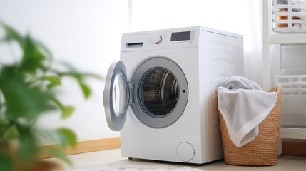 Modern white washing machine in the laundry room.