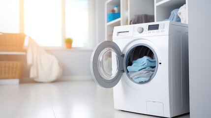 Fototapeta na wymiar Modern white washing machine in the laundry room.