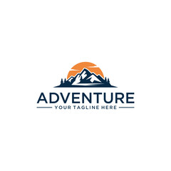 Fototapeta na wymiar vintage adventure logo, mountain, lake and river sunset logo. outdoor rocky peak adventure. Summer camp, glitter, animation, outdoor logo, vacation travel logo