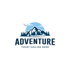 Fototapeta na wymiar vintage adventure logo, mountain, lake and river sunset logo. outdoor rocky peak adventure. Summer camp, glitter, animation, outdoor logo, vacation travel logo