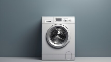 Washing machine in front of grey wall.