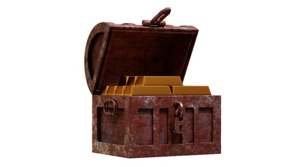 Open wooden treasure box rusty metal texture with gold bar3D rendering