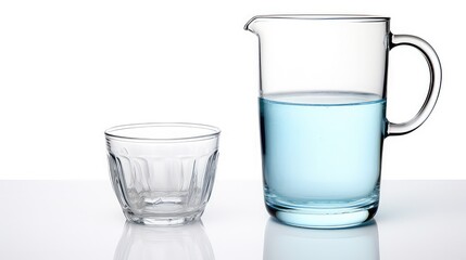 Transparent glass jug and glass cup with water on white background.