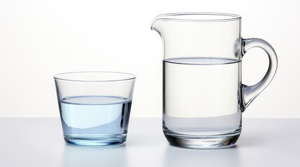 Transparent glass jug and glass cup with water on white background.